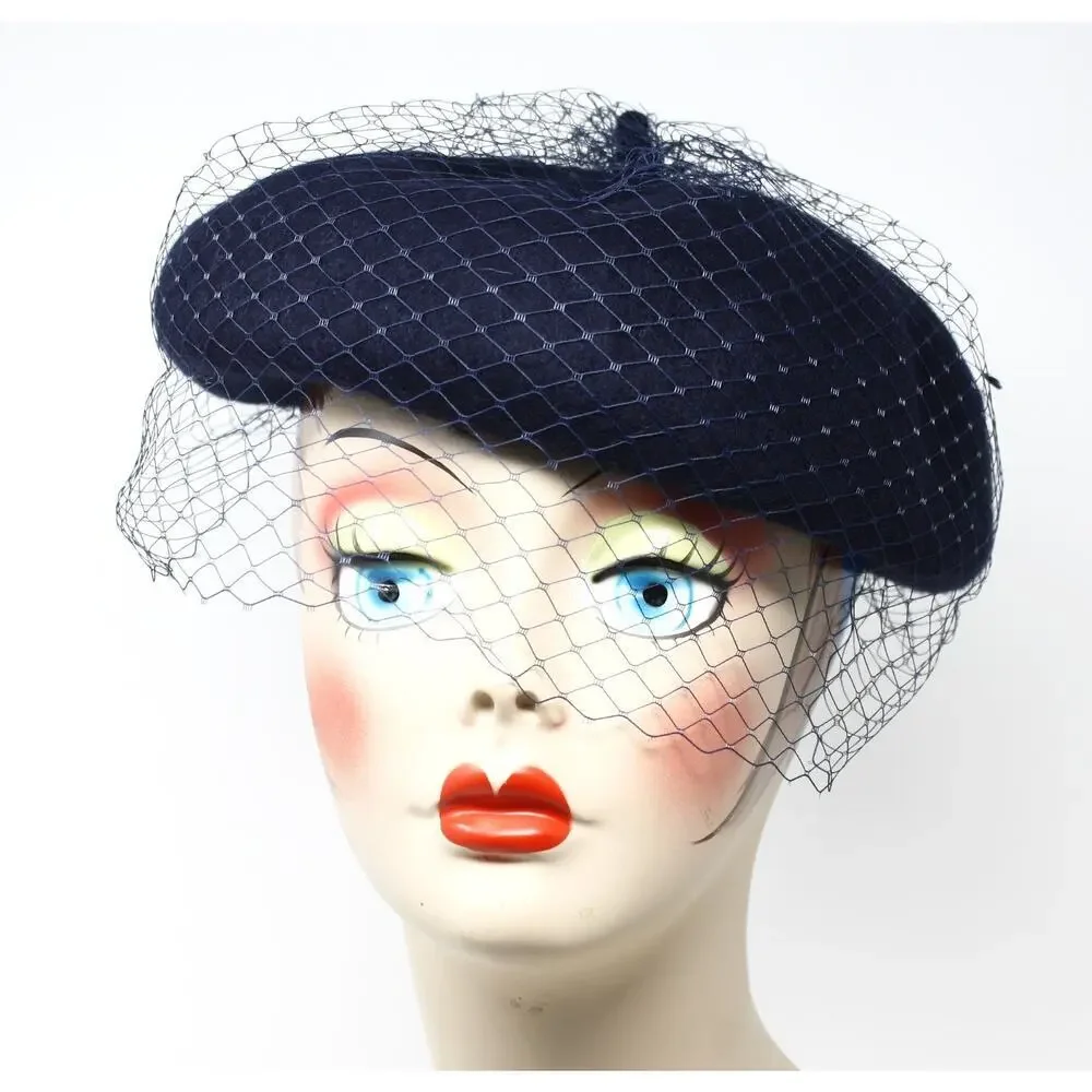 Navy Blue Wool Felt Beret w Veil Netting Church Party Retro Style Hat - Hey Viv